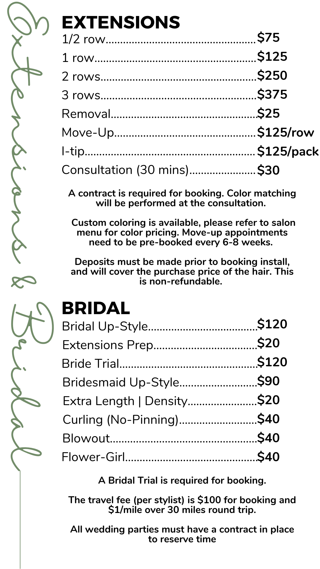 Extension & Bridal Pricing